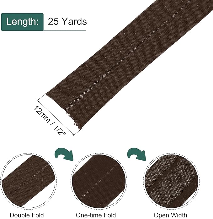MECCANIXITY 1/2 Inch Single Fold Bias Tape Cotton Continuous Bulk Bias Tape for Sewing,Seaming Quilting Hemming Binding Crafts (Brown 25 Yards)