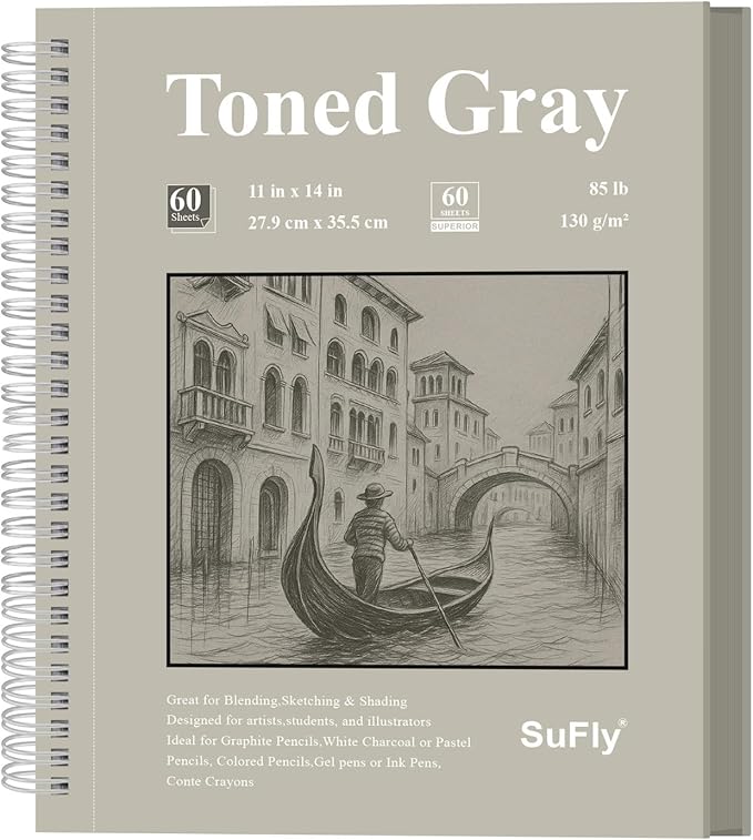 SuFly Gray Toned Sketch Pad, 11" x 14" - 60 Sheets Spiral Bound Sketchbook, 85lb/130gsm Toned Gray Paper for Graphite, Charcoal, Colored Pencils and Gel Pens.