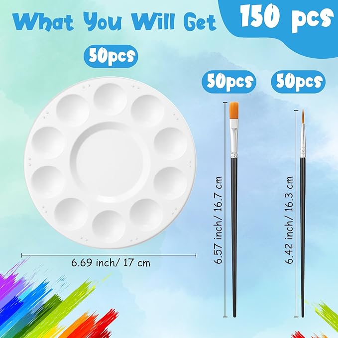 150 Pcs Painting Brushes Palettes Set 100 Watercolor Paint Brushes 50 Tray Palettes Art Classroom Supplies Paint Party Favors for Adults Students Classroom Birthday Party(Black)