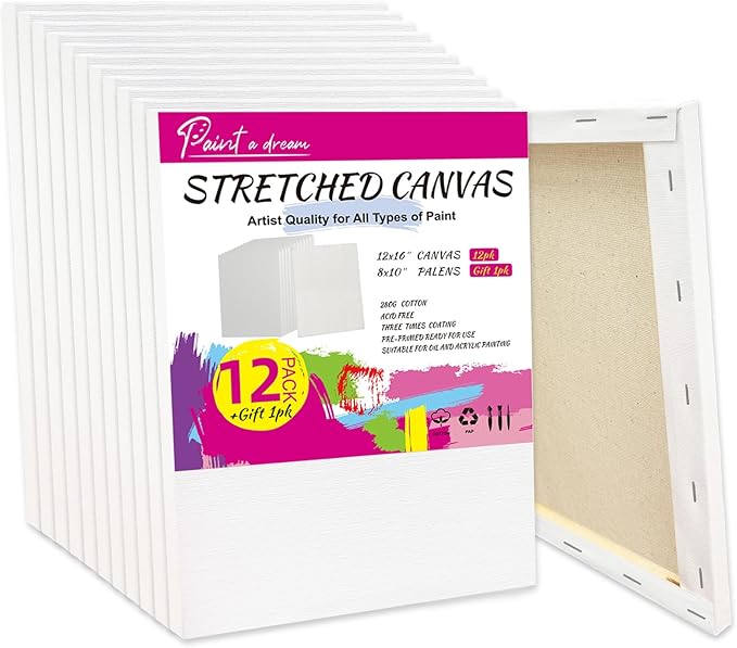 12-Pack Stretched Canvas for Painting – 100% Cotton Triple Primed 12x16 Canvas Frame, 5/8" Profile Value Pack Blank Painting Canvas for Adults & Kids – Ideal for Oil & Acrylic Paint, Watercolor