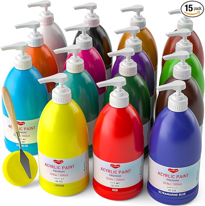 15 Colors Large Acrylic Paint Set (33.8 oz,1000 ml) Art Painting Bulk Supplies for Multi Surface Canvas Wood Leather Fabric Rock Craft, Non Toxic Paint for Kid & Adult with Pump, Color Wheel