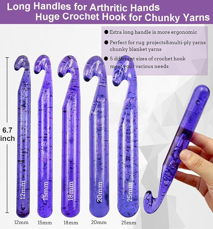 Weabetfu 5 Large Crochet Hook,25mm 20mm 18mm 15mm 12mm Size Crochet Hook, Large Crochet Hook for Chunky Yarn,24PCS Big Crochet Hook,10mm-25mm Crochet Hook with Case(Purple)