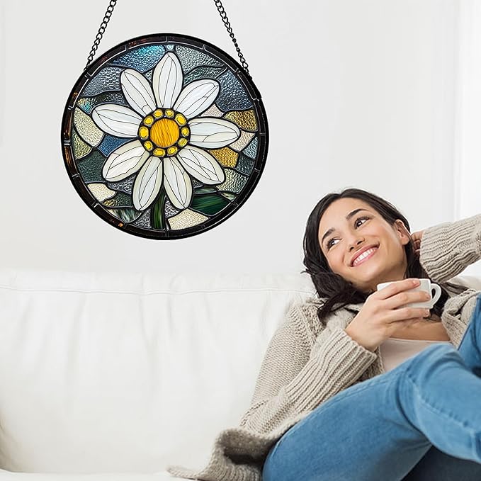 Stained Glass Window Hanging - Yellow White Daisy Birth Flower Suncatcher for Door Garden Yard Sun Catchers Decor Christmas Mother's Day Birthday Gifts for Teacher Women Mom Nana 15 in