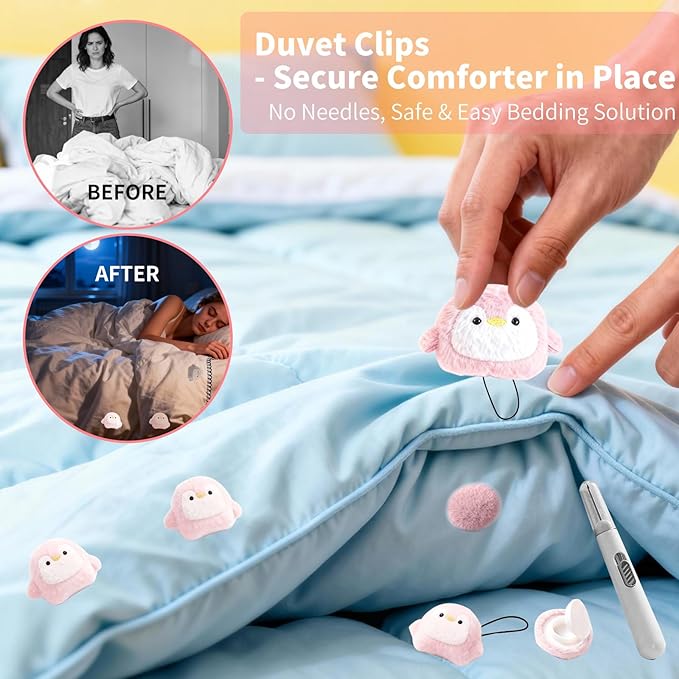 8 Pcs Duvet Clips with Pins Quilt Fixer,Non-Slip Duvet Cover Clips,Duvet Clips to Hold Comforter Inside,No Needles，Bear Pattern(Inc Hook Tool,Storage Box)(Pink)
