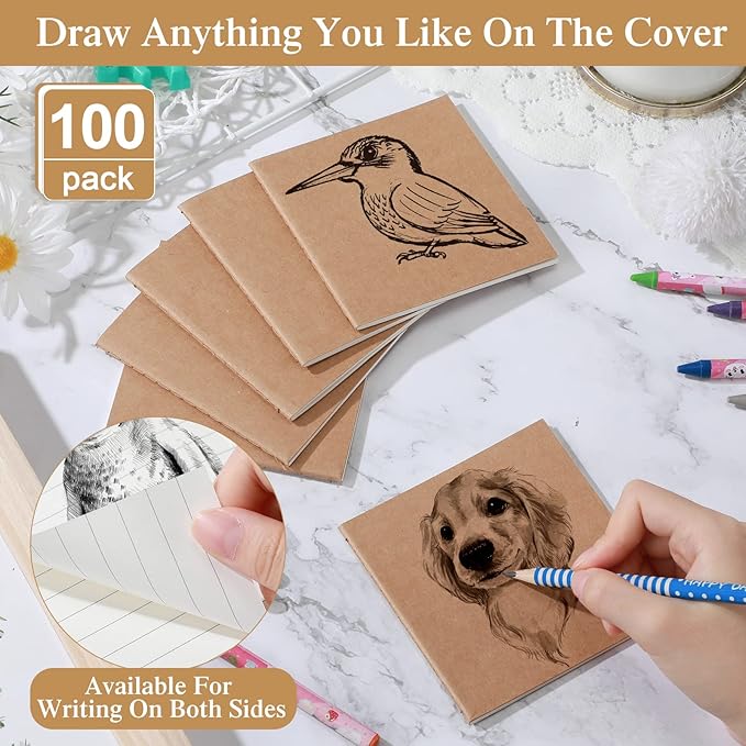 Thenshop 100 Pieces Mini Notebook Bulk Set Small Kraft Paper Journals Blank Lined Pocket Journal Sketchbooks for Drawing Writing Office Supplies 4 x 4 Inch Notebooks with 24 Sheets(Blank, Lined)
