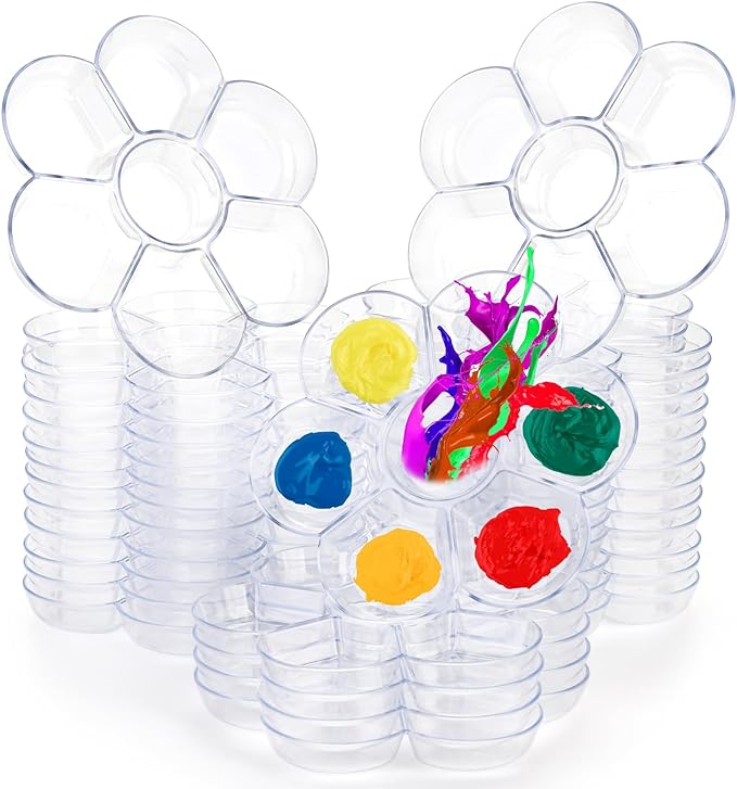 Foraineam 30 Pack Plastic Paint Tray Palettes, 7 Well Flower Petal Painting Dish Watercolor Mixing Palette, Artist Clear Paint Holder Tray Craft Supplies for Oil Acrylic Watercolor Gouache