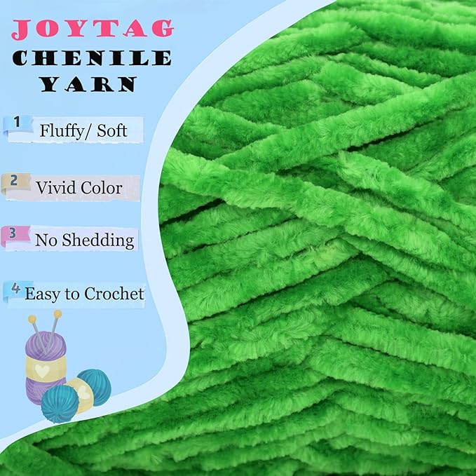 Velvet Chenille Yarn for Crocheting & Knitting - Soft, Thick, Bulky, Chunky Green Velvet Yarn - 3 x 100g