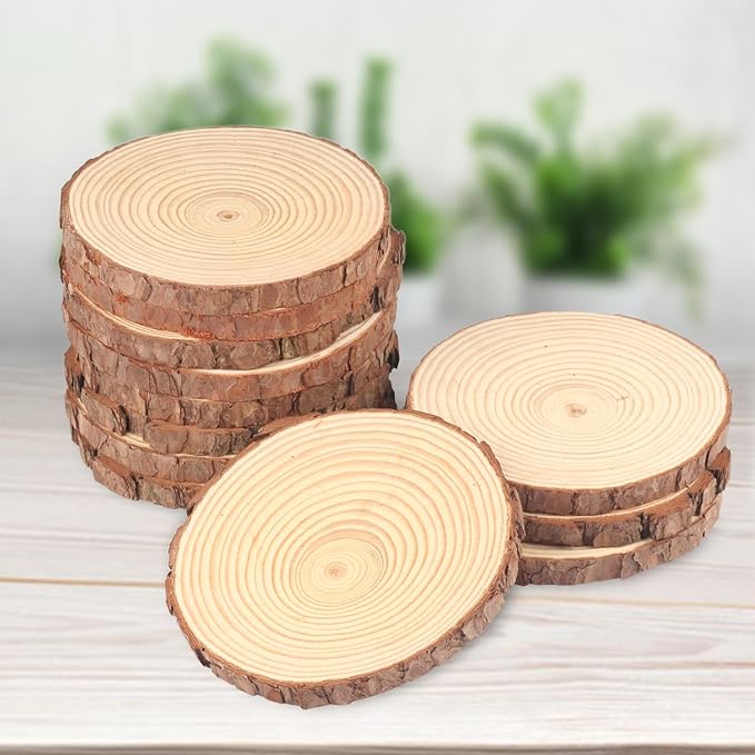 12 PCS 6.3-7.1 Inch Natural Wood Slices, Unfinished Pine Wood Circles with Barks for Coasters, DIY Crafts, Christmas Rustic Wedding Ornaments and Centerpieces,by GNIEMCKIN.