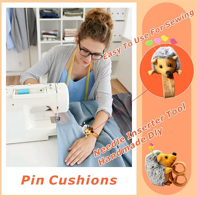 Cute Hedgehog Wrist Pin Cushion Kit for Sewing with 50 Lovely Bird Needles,Including Threader, Thimble ＆Tape Measure for Sewers Gift for Quilters.