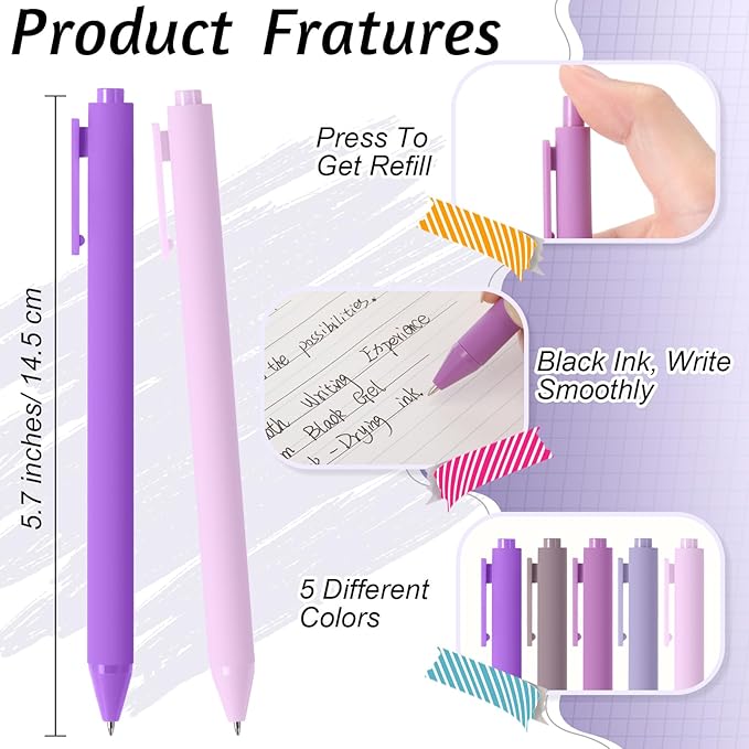 Crtiin 50 Pcs Gel Ink Pens Bulk, Black Ink 0.5mm Fine Point Retractable Pen Smooth Writing Office Supplies for Teacher Server Nurse Christmas Charity Donation Valentine (Purple Series)