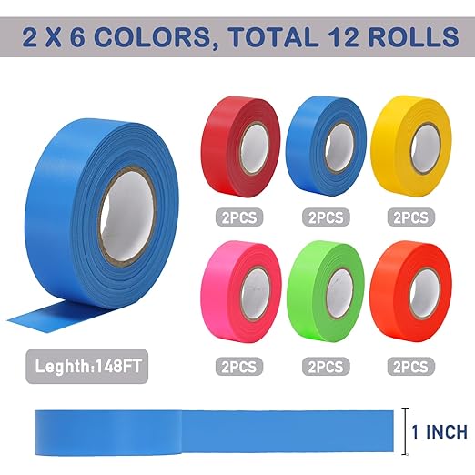 12 Pack Flagging Tape Assorted Colors, Non Adhesive Surveyors Tape, Neon Tree Marking Ribbon, Great Visual Labeling for Boundaries and Hazardous Areas Marking, 1 in. x 150 ft