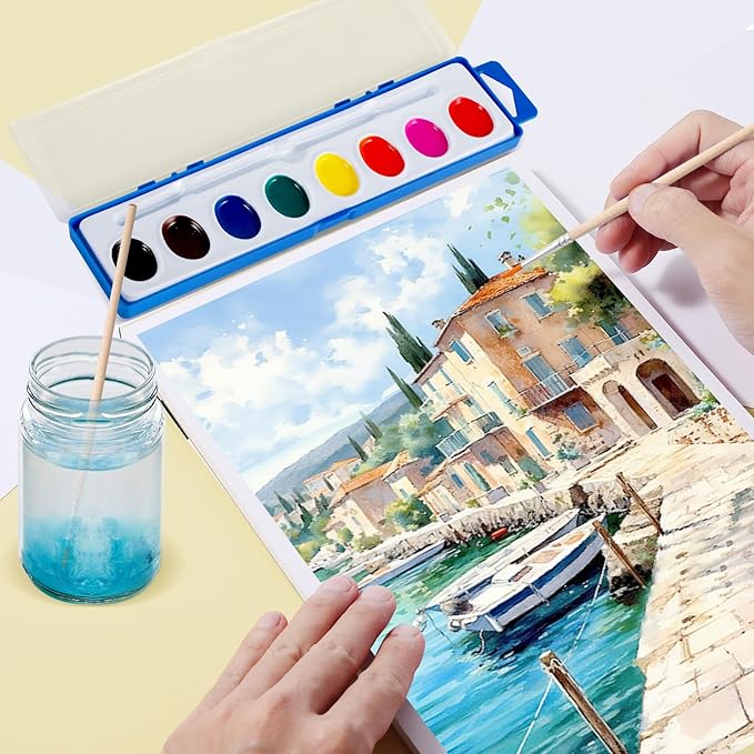 18 Pack Watercolor Paint Set,8 Colors Water Color Paints with Paint Brushes,Washable Bulk Watercolors Paint for Classroom Art Activities Birthday Party Favors