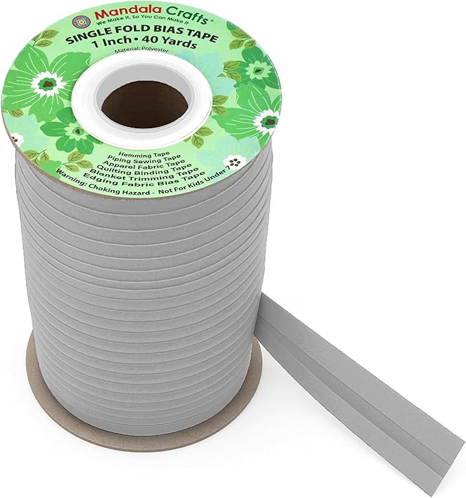 Mandala Crafts 1 Inch Single Fold Bias Tape for Sewing, Quilting, Piping, Hemming, Blanket & Quilt Binding – 40 Yards Gray Fabric Seam Binding Tape