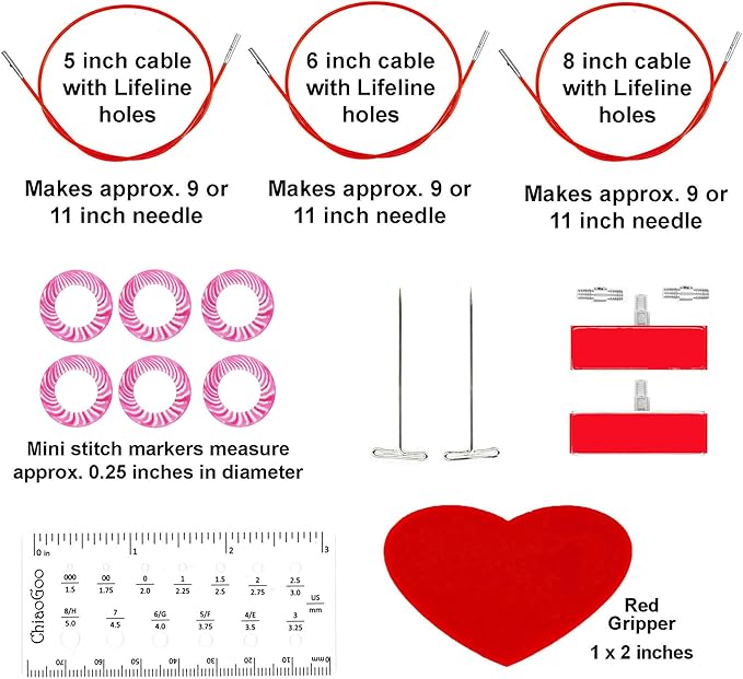 ChiaoGoo Twist Red Lace Shorties 2 & 3-Inch 7230 Combo Pack Interchangeable Knitting Needle Set, 22-Pairs Sizes US 0, 1, 1.5, 2, 2.5, 3, 4, 5, 6, 7, 8, 6 Cords with Project Bag