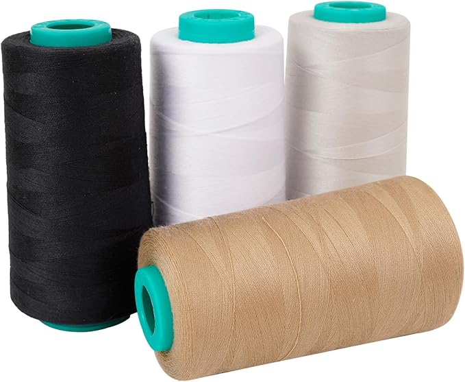 Sewing Thread Cones 4 Pack-3000Yds All Purpose Polyester Thread for Sewing,Tex 30,Quilting, Serger Machines, Overlock, Embroidery (Black,White,Light Gray,Khaki)