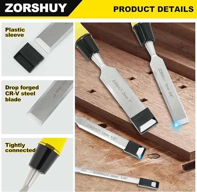 Wood Chisel Sets，4-Piece Woodworking Tools Set, for Precision Carving & DIY，CR-V Steel Beveled Edge Blades with Safety Caps,PVC High Impact Handle,Wood Tools Chisel Set(1/4", 1/2", 3/4", 1")