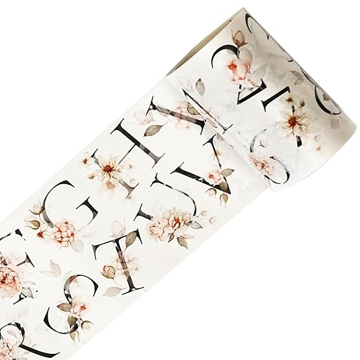 WT Pre-Cut Rosé Scripts Wide Washi Tape, Single Roll, Original Designs, Blush Floral & Handwritten Script, Japanese Decorative Paper Tape, Junk Journal Scrapbook Bujo Planner DIY Craft Supplies