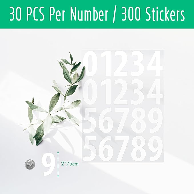 300 PCS Number Stickers, 2” Waterproof Vinyl Number Stickers Consecutive Number 0-9 Labels Self-Adhesive Without Residue Left for Office, Classroom, Indoor, Boxes, Storage (15 Sheets, White)
