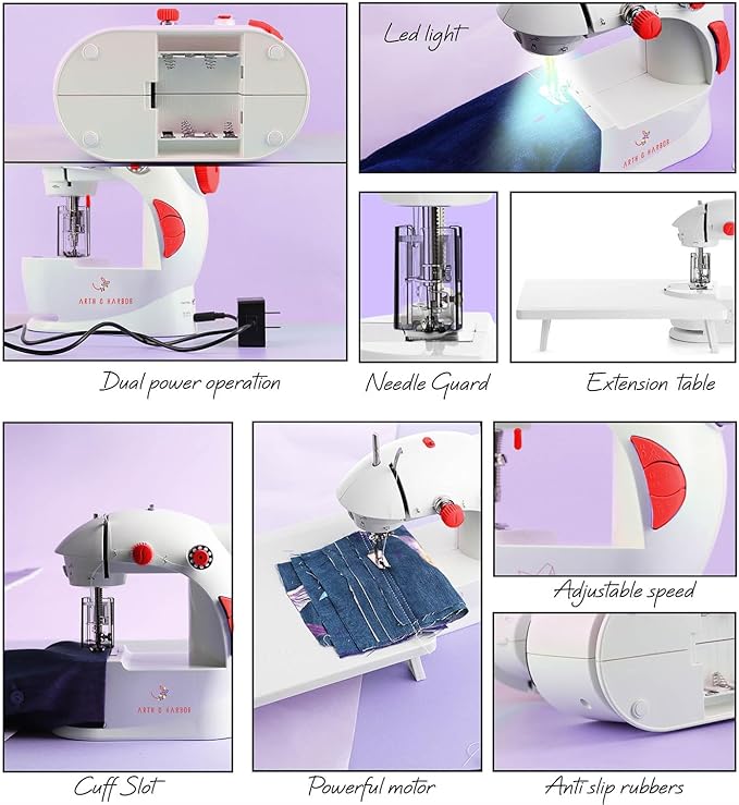 Hearth & Harbor Mini Sewing Machine for Beginners, Dual Speed Small Portable Sewing Machine for Kids and Adults with Extension Table, 122 Piece Gift Set Includes, Fabrics, Project Book and More, Red