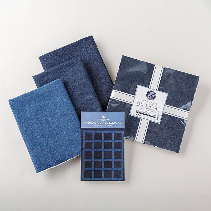 Indigo Washed Denim Quilting Kit | 10” Quilting Fabric Squares, 6.5 oz Yardage, Quilt Pattern Included | Quilt Supplies for Cutting Patterns, Embroidery, Sewing, and Blanket Making