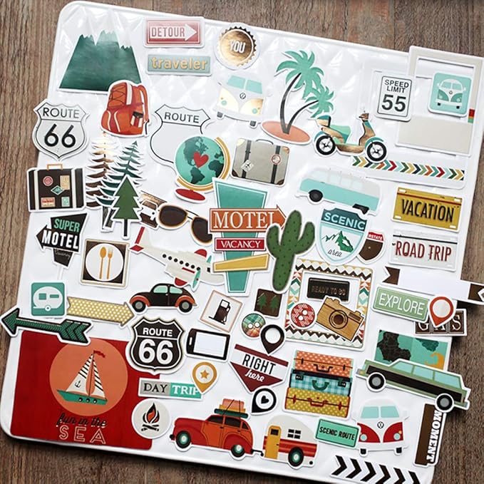 Doraking Foil Gold Paper Stickers, 65PCS Travel Themed Decoration for Scrapbook, Multicolored, Waterproof, Premium Adhesive Paper, Irregular Shaped, Holiday Travel Style