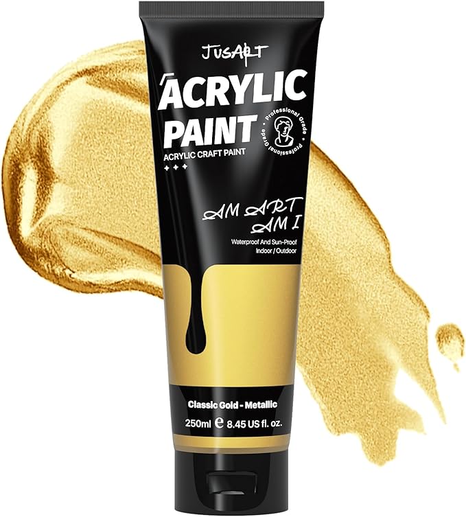 JusArt Acrylic Paint Metallic Gold Tubes(250ml, 8.45oz)，Non-Toxic & Rich Pigment Craft Paints for Canvas Painting, Wood, Fabric, Stone, Ceramics, Art Supplies for Artists, Adults