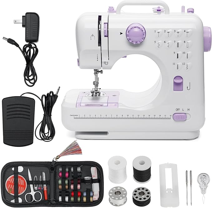 12-Stitch Small Sewing Machine with Foot Pedal & Night Light, Portable Electric Sewing Machine for Beginners, Kids, Tailors | Quick Repairs, DIY, Crafts | Powered by AC/Adapter (7-9W)