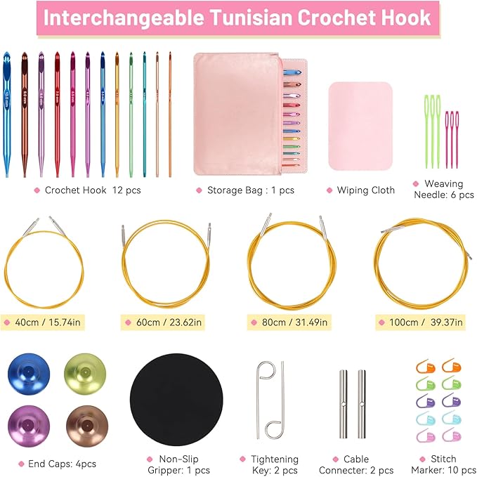 Aeelike Interchangeable Tunisian Crochet Hooks Set, 12 Sizes Colorful Tunisian Crochet Hooks Set with 4 Cables 3.0mm - 10.0mm Smooth Ergonomic Hook for Making Blanket Scarves, Ideal Gift