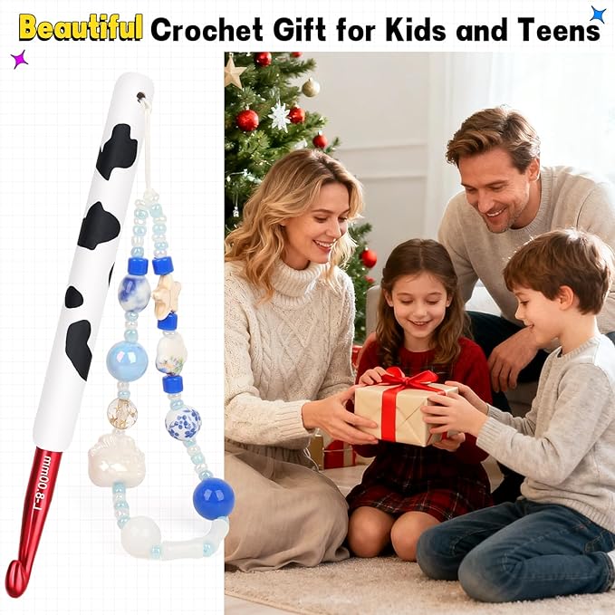 Katech Ergonomic Crochet Hook, Aluminum Soft Grip Crochet Hooks for Beginners and Arthritic Hands, Soft Clay Crochet Needle with Cow Motif and Bead Chain-Ideal Gift for Crocheter (8.0mm)
