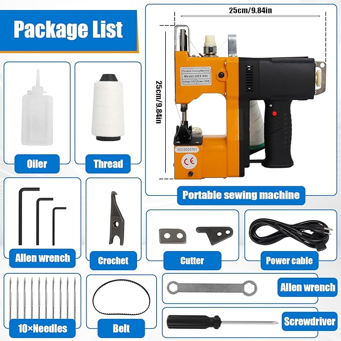 Gk9-890 Portable Bag Closer Machine, 2s/Bag 110V Industrial Electric Bag Closing Sewing Sealing Stitching Machine for Woven Snakeskin Paper Bag, 190W Handheld High Speed Machine
