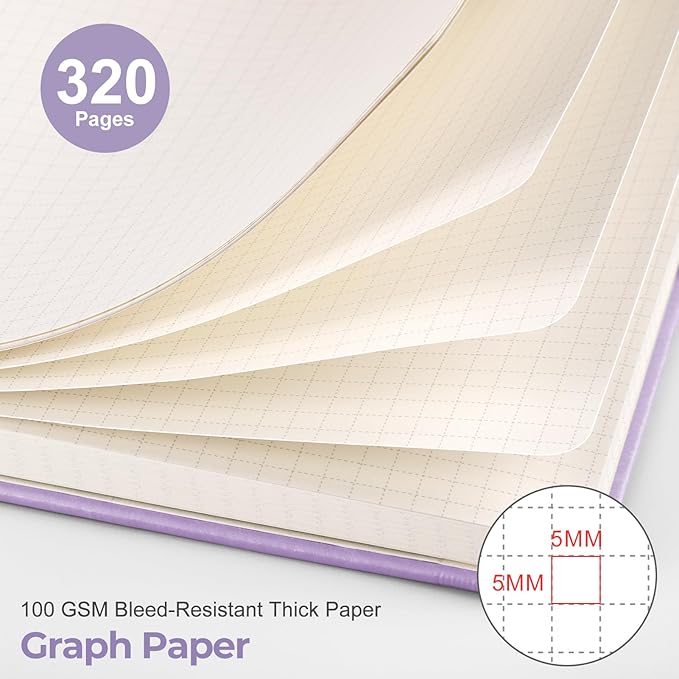 EMSHOI Graph Paper Notebook - 320 Pages, A5 Hardcover Leather, 100gsm Thick Paper, Square Grid Notebook for Women Men Work School Math Writing, Graphing, Engineering, 5.75 x 8.38, Light Purple