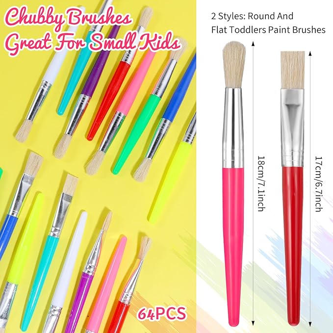 64 Pcs Paint Brushes Sets for Kids Toddler Art Supplies Large Chubby Round and Flat Brush for School Washable Acrylic Oil Paint