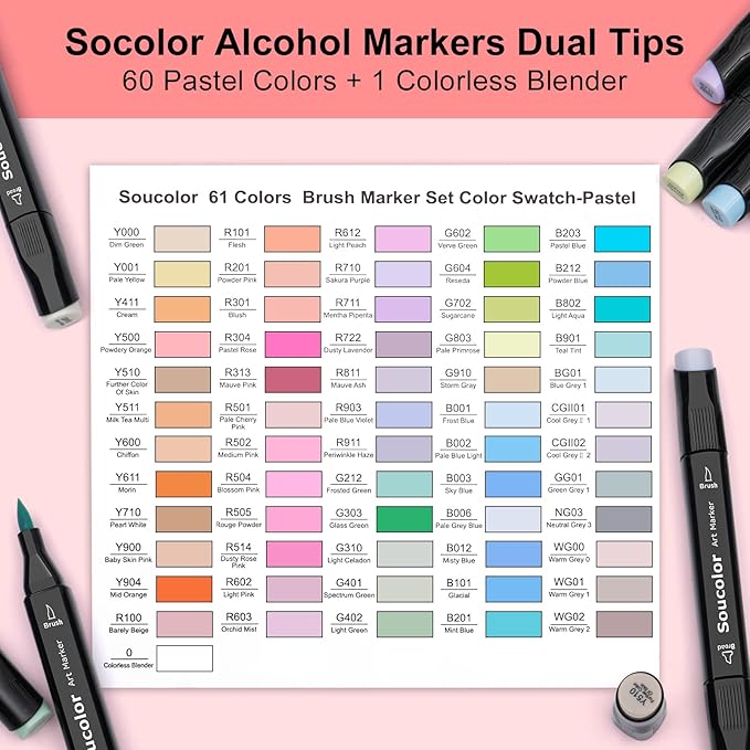 Soucolor 61 Colors Pastel Alcohol Based Markers Set | Professional Dual Tip Art Markers with Brush & Chisel Tips | Includes 1 Blender & Carry Case | For Artists, Adults Coloring, Drawing, Illustration