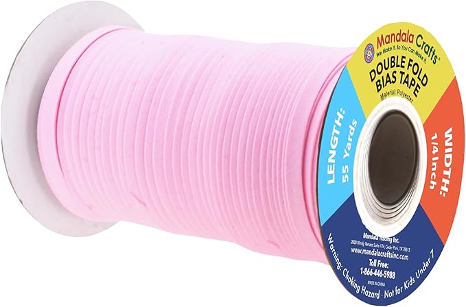 Mandala Crafts 55 Yards 1/4 Inch Light Pink Double Fold Bias Tape for Sewing - Bias Binding Tape for Quilting Binding, Hemming, Seam, and Fabric Piping