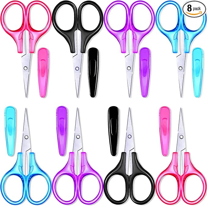 Small Craft Scissors 3.4" Tiny Travel All Purpose Scissors Stainless Steel Sharp with Cover Straight Tip Mini Sewing for Back to School Cutting Paper Trimming School DIY Projects(Fresh Color,8 Pcs)