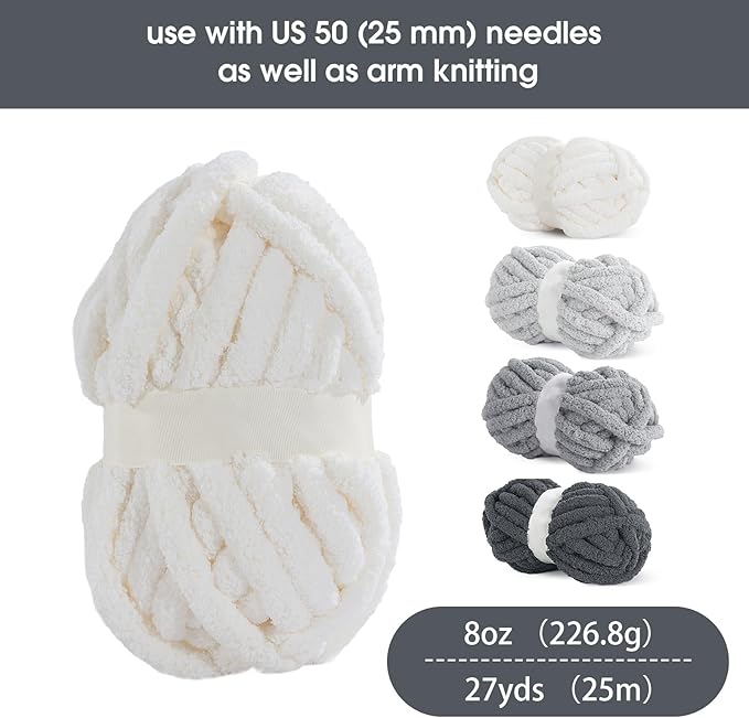 HOMBYS 8 Pack Assorted Chunky Yarn for Crocheting,Super Bulky Large Soft Fluffy Yarn,Plush Fuzzy Yarn,Thick Chenille Yarn for Hand Knitting/Arm Knitting,Cream & Grey(27yds,8 oz Each Skein)