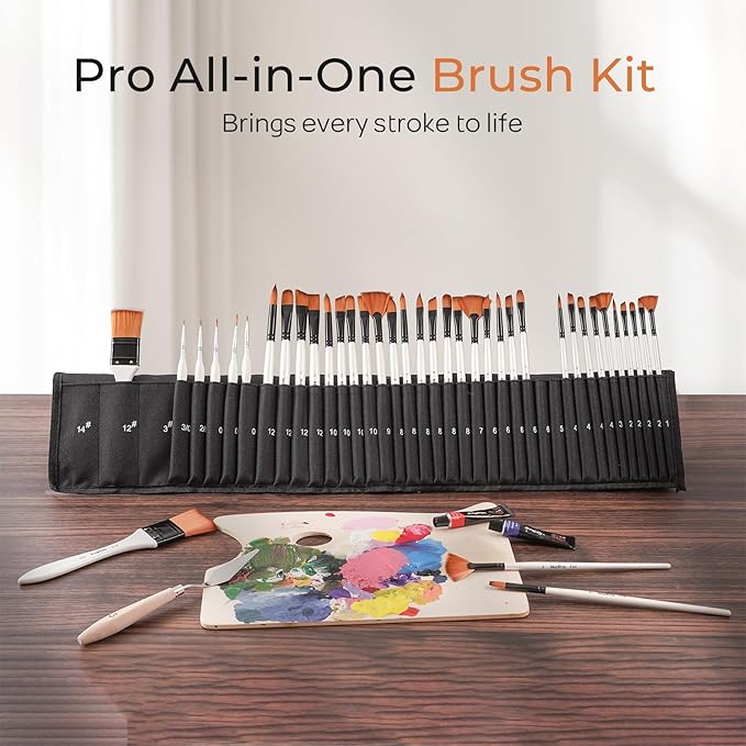 Nicpro 40 PCS Paint Brush Set, Professional Acrylic Paint Brushes with Palette Knife and Canvas Roll, Suitable for Acrylic Painting, Oil, Watercolor, Gouache, Art Supplies Painter Gifts for Artist