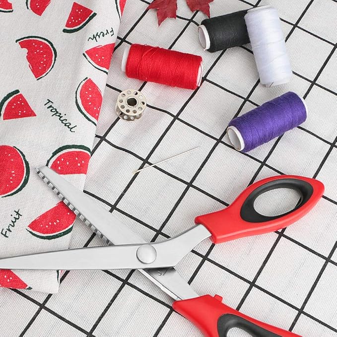 Pinking Shears Serrated,Comfort Grips Handled, Professional Dressmaking Sewing Craft Zig Zag Cut Scissors, Suitable for Many Kinds of Fabrics and Paper, 9 Inch Red