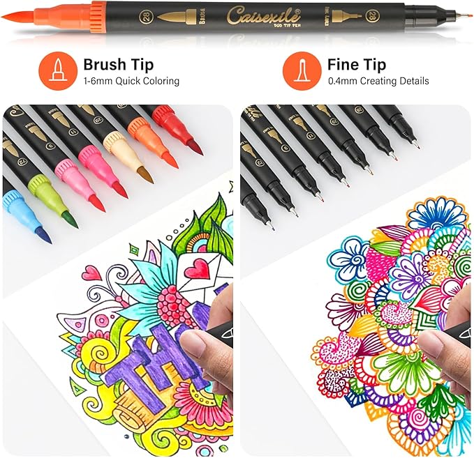 36 Colors Duo Tip Pens Art Markers Set, 72 Nibs Fine and Brush Tip for Adult Coloring Books Journaling Note Taking Lettering Calligraphy Drawing Pens Supplies
