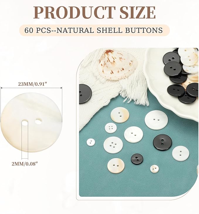 uxcell 60Pcs Natural Shell Button, 2 Hole 23mm Mother of Pearl Buttons for Shirt Coats Suits Jacket Jeans Skirts DIY Sewing Crafts, White