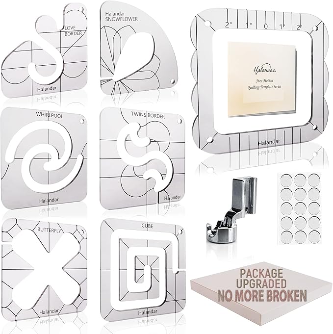 6 Pcs Free Motion Quilting Template Series with 1 Quilting Frame 1 Ruler Foot 15 Non-Slip Mats 1 Instruction, 3mm Acrylic Templates for DIY Quilting Tool on Sewing Machine Ruler
