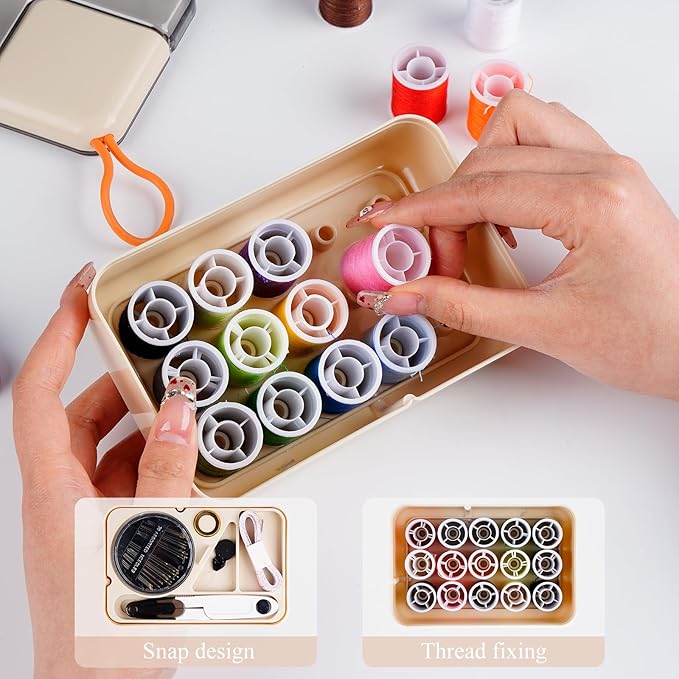 Mini Sewing Kits for Adults & Kids, Small Sewing Accessories and Supplies for Beginners with Needles, Threads, Scissors, Measure Tape, Suitable for Travel, Home, School and DIY Gift (Cream White)