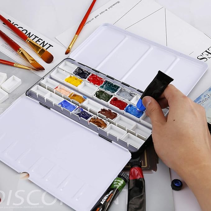 MYARTOOL Metal Palette Case - Fold-Out Paint Tins Hold 24 Pans, Travel Palette for Watercolor & Acrylic Painting