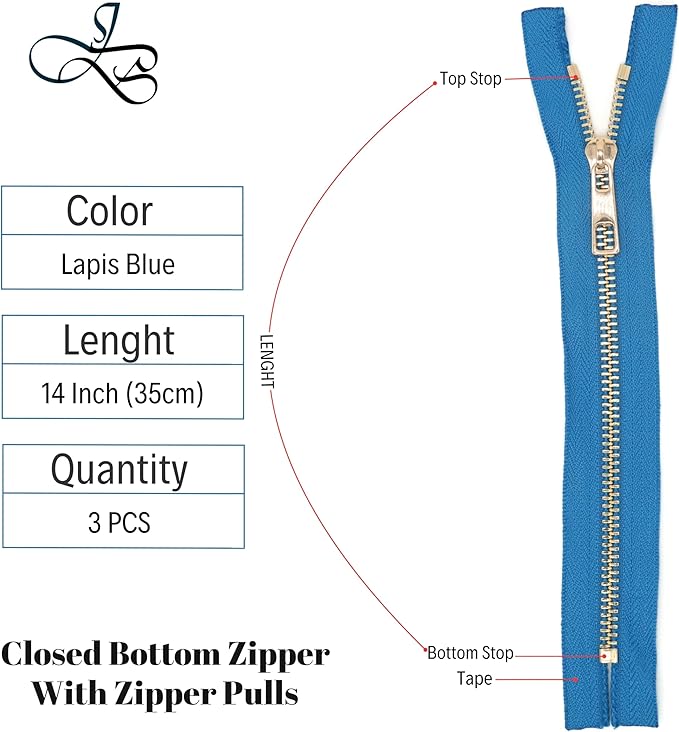 #5 Gold Metal Zipper - 50+ Colors - 3 PCS - (4-14 inches) Sizes - Luxury Lightweight Handcraft Metal Zippers with pulls for Purses Bags Pockets Shoes Sewing & Crafts DIY ZP024014