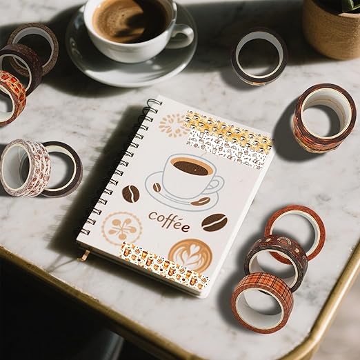 12 Rolls Coffee Washi Tape Set, Vintage Coffee Decorative Tapes, Retro Brown Watercolor Cafe Masking Tape for Journaling, Scrapbooking, Planner, DIY Arts Crafts Supplies, Gift Wrapping 16.4FT