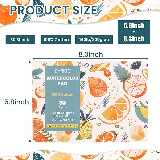 Watercolor Paper Pad, 30 Sheets, A5 (8.3 x 5.8"), 100% Cotton Paper, Glue Bound, 140LB/300GSM Cold Pressed Water Color Paper for Watercolor Drawing, Mixed Media, Art Journaling (8.3 x 5.8 Inch)