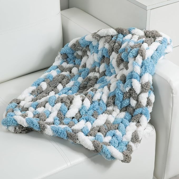 HOMBYS 8 Pack Giant Chunky Yarn for Crocheting,Super Bulky Large Soft Fluffy Yarn,Tie Dye Plush Fuzzy Yarn,Mixed Color Thick Chenille Yarn for Hand Knitting/Arm Knitting(Blue,Grey,White)