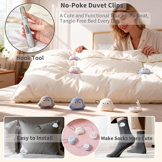 8 Pcs Duvet Clips with Pins Quilt Fixer,Non-Slip Duvet Cover Clips,Duvet Clips to Hold Comforter Inside,No Needles，Penguin Pattern(Inc Hook Tool,Storage Box)(White)
