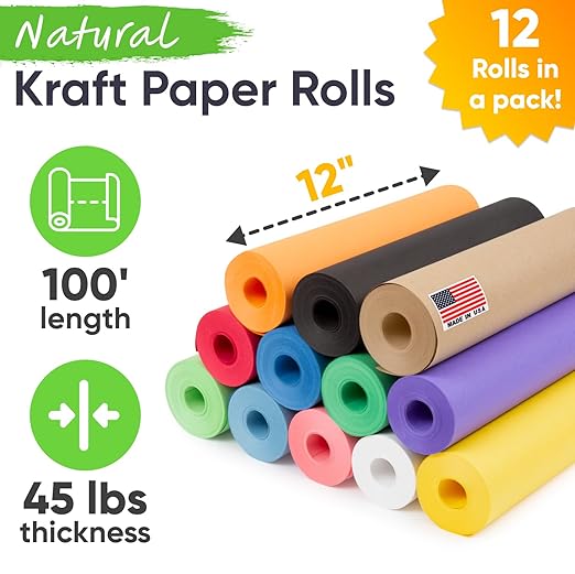 12" x 1200" (100 ft) Pack of 12 Rolls USA Made Multi-Color Kraft Paper Rolls Set, 45 lbs – Colored Kraft Paper for Packing, Arts and Crafts, DIY Projects, Gift Wrapping