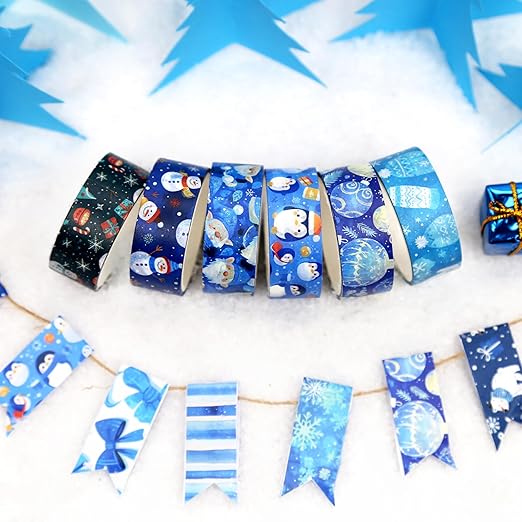 Winter Washi Tape Set,12 Rolls Blue Snowman Holiday Decorative Tape Xmas Ball Gnome Penguin Gift Masking Tape for Journaling Supplies, Journal, Scrapbooking, DIY Arts & Crafts, Gift Wrapping
